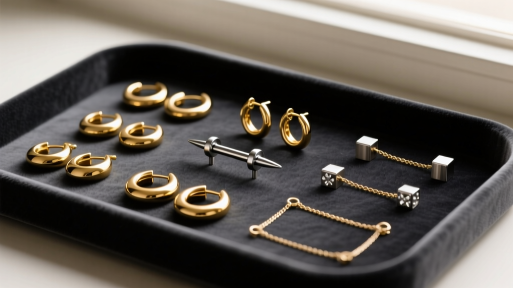 Flat lay of a curated ear stack featuring 14k gold modular huggies, titanium labret studs, and ear chains on a dark velvet tray