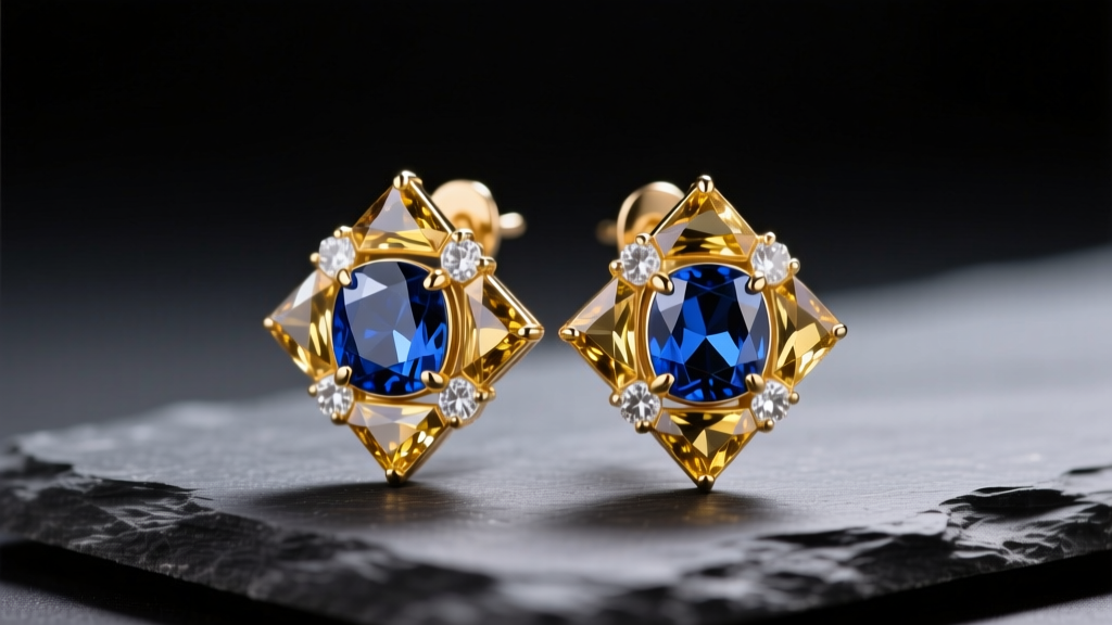 Macro shot of orange and blue earrings with faceted sapphires and citrines in 18k gold on dark slate under soft lighting