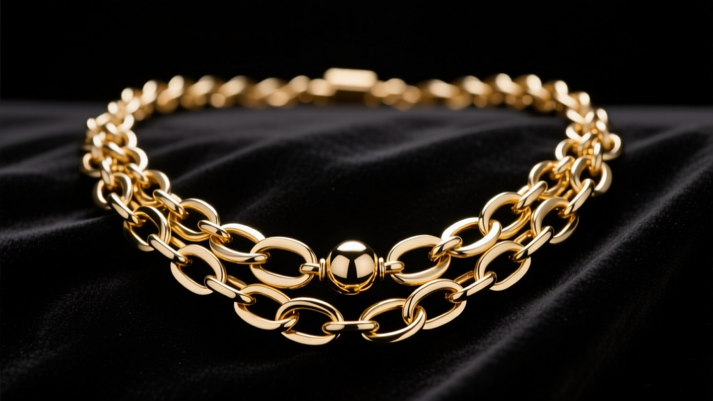 Tangled gold drape necklace on dark velvet, showing intersecting chains and a slider bead under soft studio lighting.