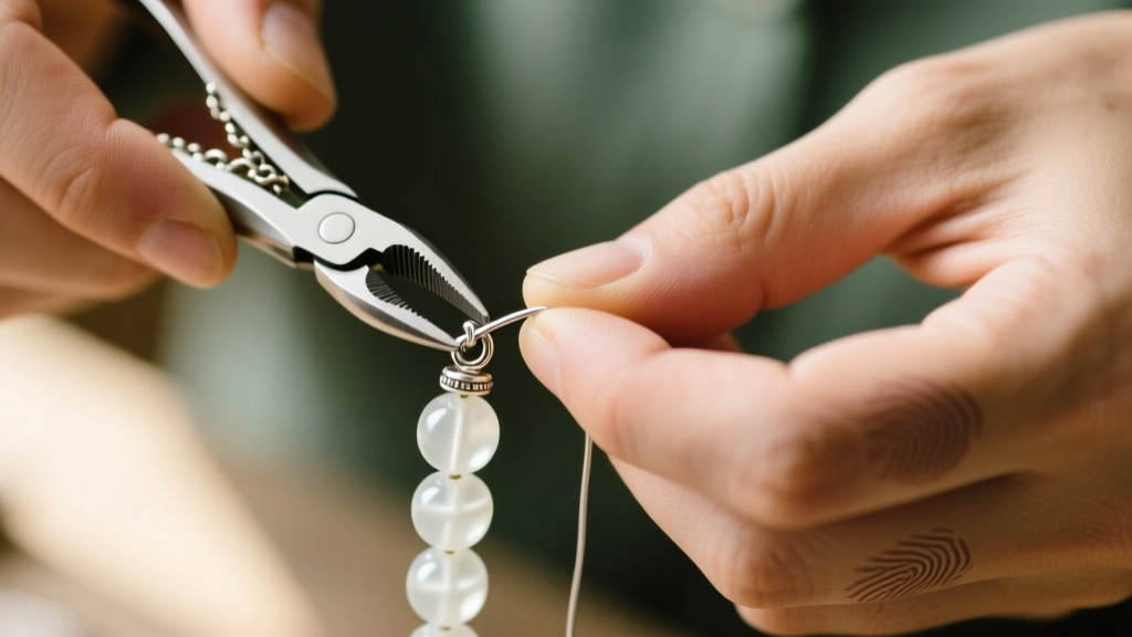 Jeweler using chain-nose pliers to secure a sterling crimp tube on wire while restringing delicate vintage white glass beads