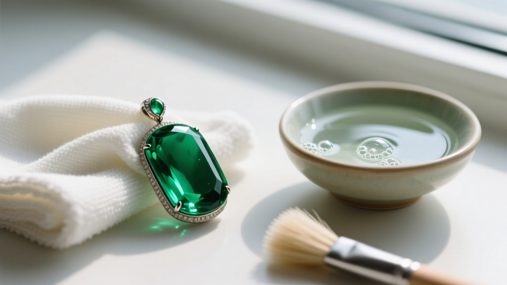 Microfiber cloth gently wiping a green emerald pendant, next to a small bowl of lukewarm soapy water and a soft bristle brush.
