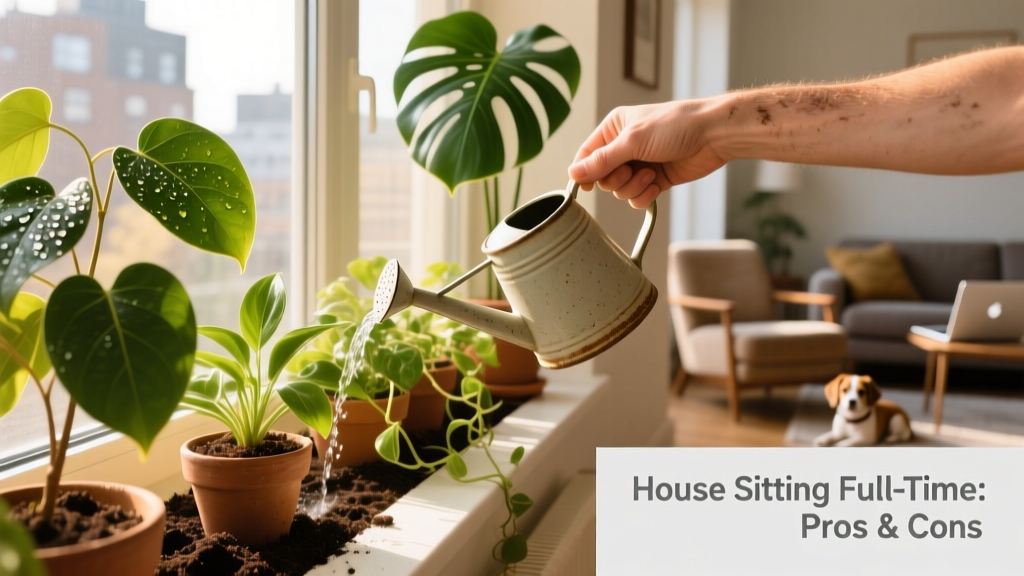 A hand gently waters a row of lush green houseplants on a bright, sunny windowsill.