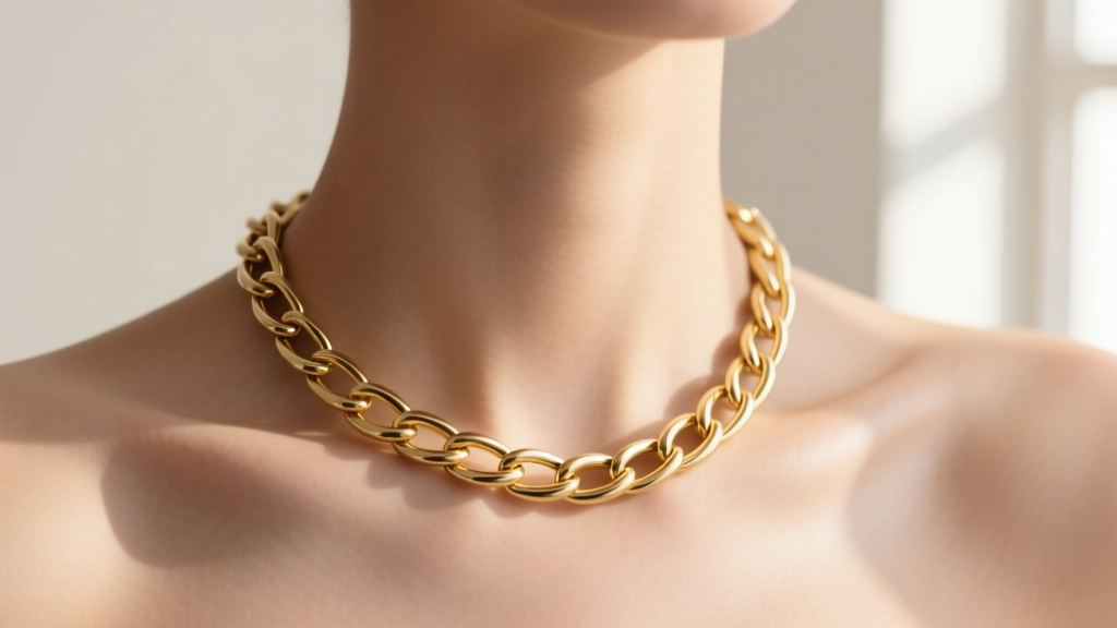 Minimalist 14k yellow gold cable chain necklace on a collarbone, soft natural lighting highlighting the polished metal links.