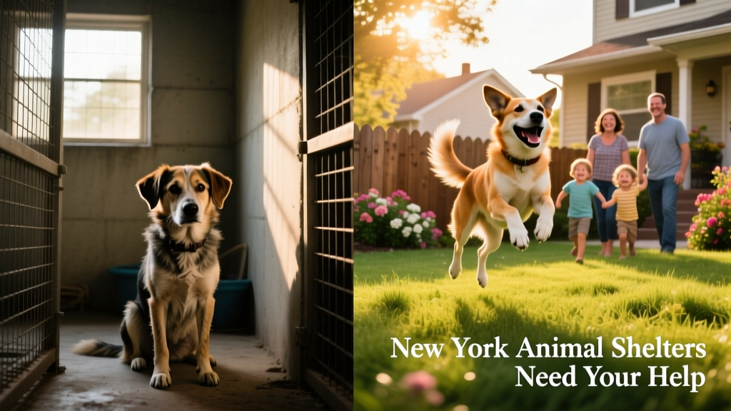 Side-by-side photos: a dog before adoption (in shelter kennel) and after (playing in a sunny backyard with family)