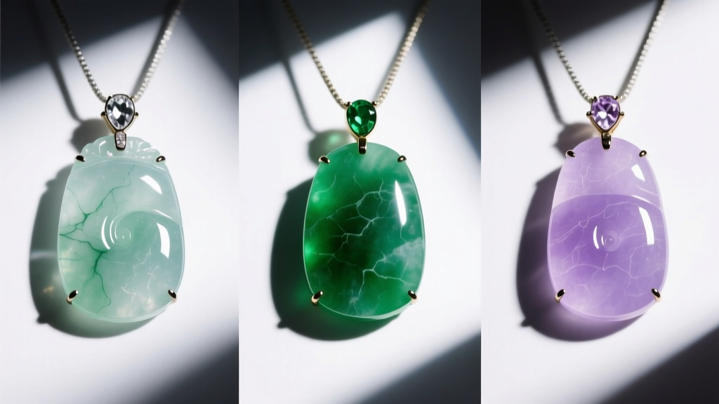 Three jade pendants showing glassy ice jade, opaque green, and lavender, illuminated by a bright gemological loupe light