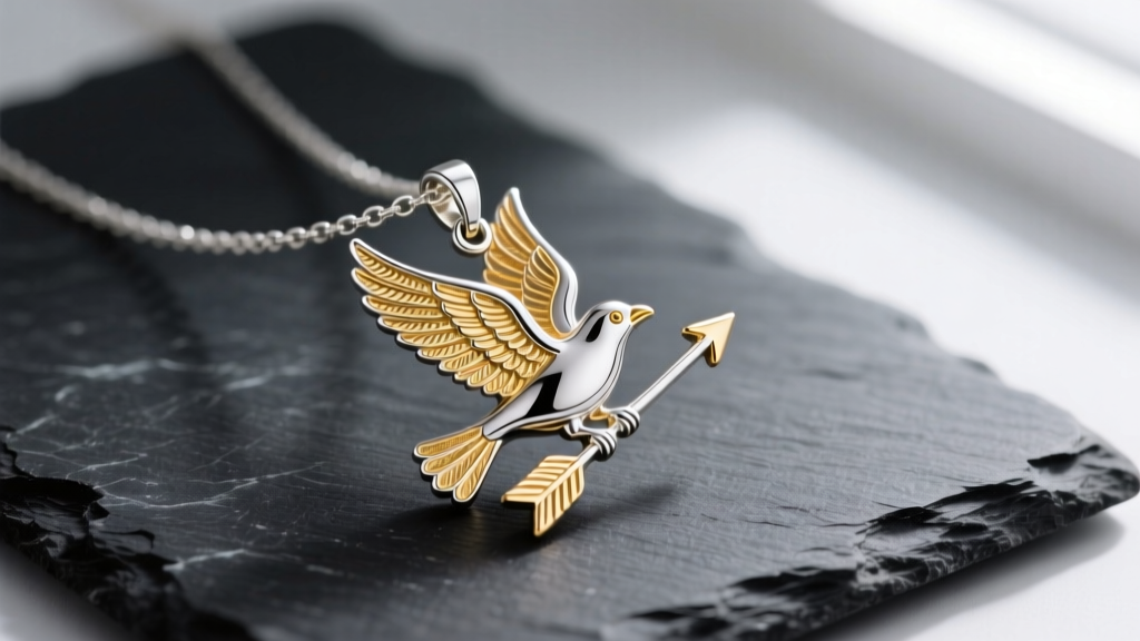 Sterling silver Mockingjay pendant necklace on dark slate, showing the intricate gold vermeil bird in flight and arrow details.