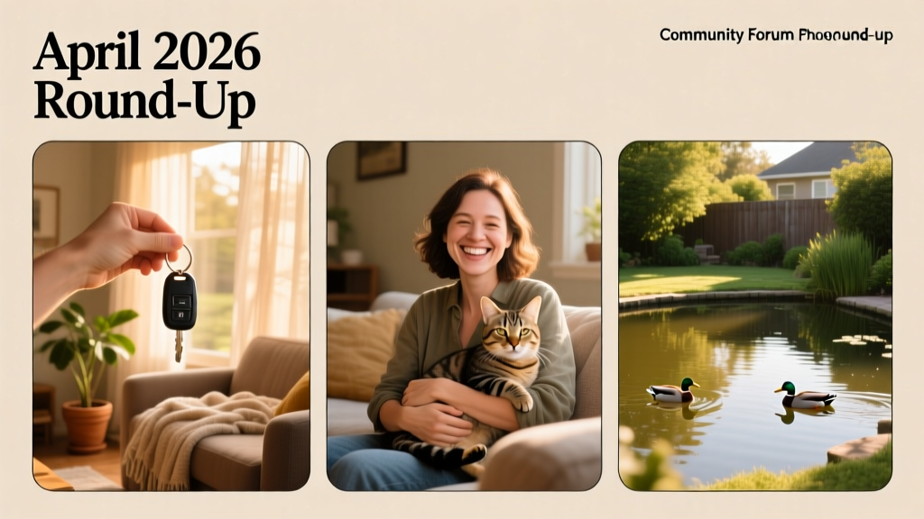 A cheerful collage of pet sitting moments: a hand holding keys next to a cozy living room, a smiling sitter with a cat on their lap, and a backyard with a duck pond