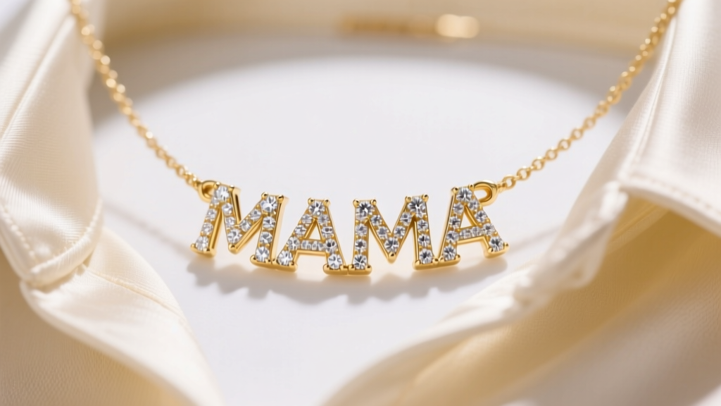 Close-up of a 14k gold mama diamond necklace with bezel-set diamonds spelling MAMA resting on a cream silk blouse collar.