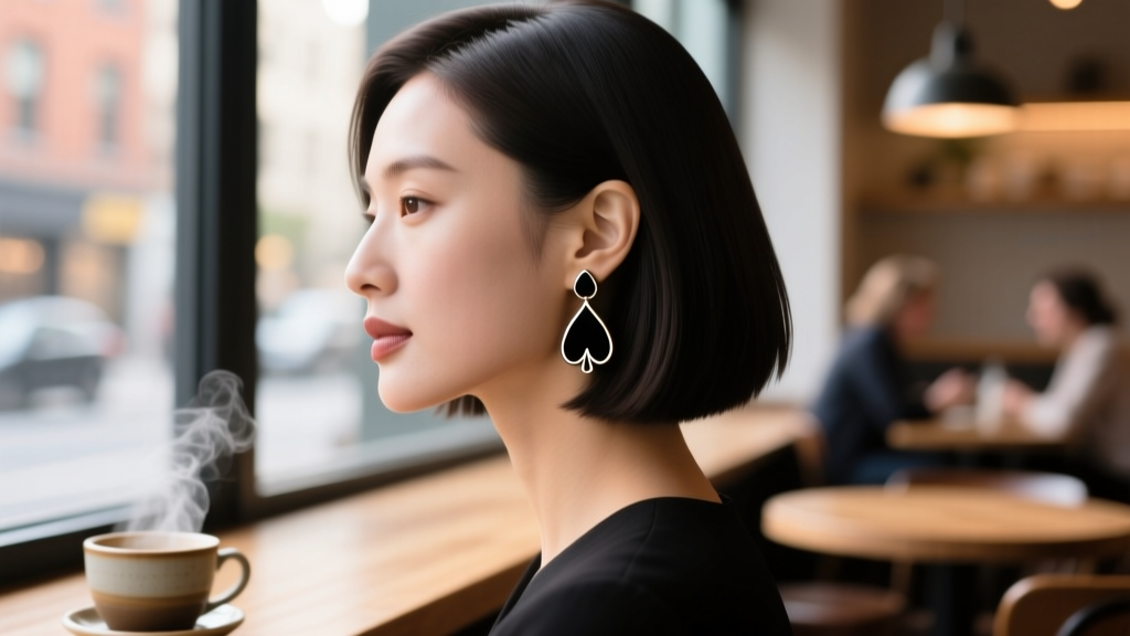 Side profile of a woman with sleek bob haircut wearing Kate Spade black spade drop earrings against a blurred cafe background