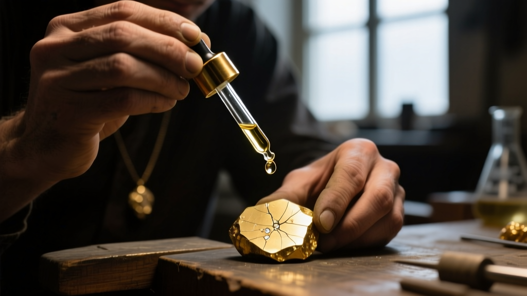 Close-up of hands using a glass dropper to apply nitric acid onto a scratched gold testing stone in a dimly lit jewelry workshop.