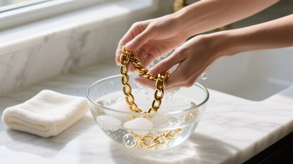 Hands washing a gold-plated chain in a glass bowl of soapy water, with a microfiber cloth resting on a white marble countertop
