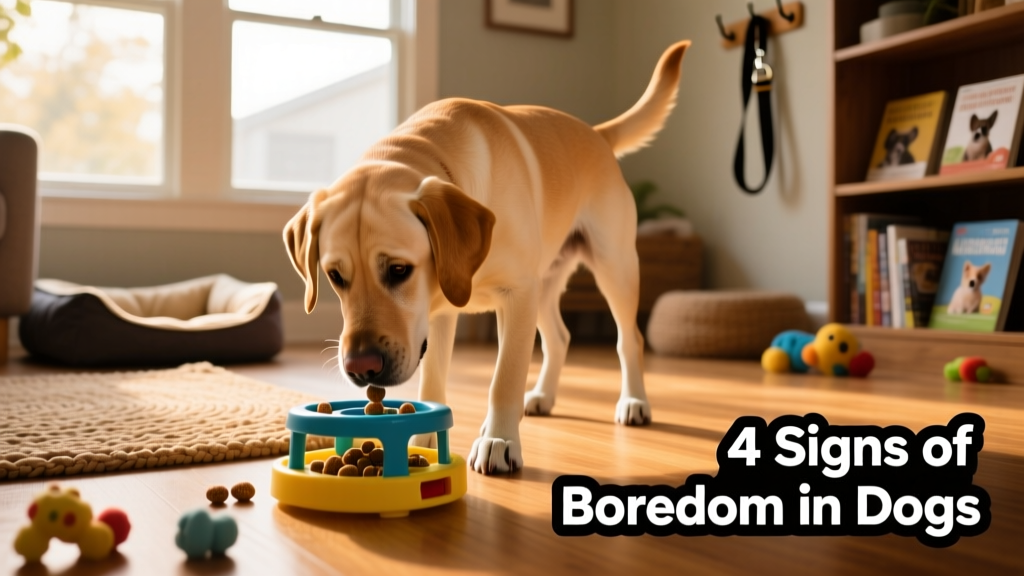 A dog focused on solving a treat-dispensing puzzle toy indoors