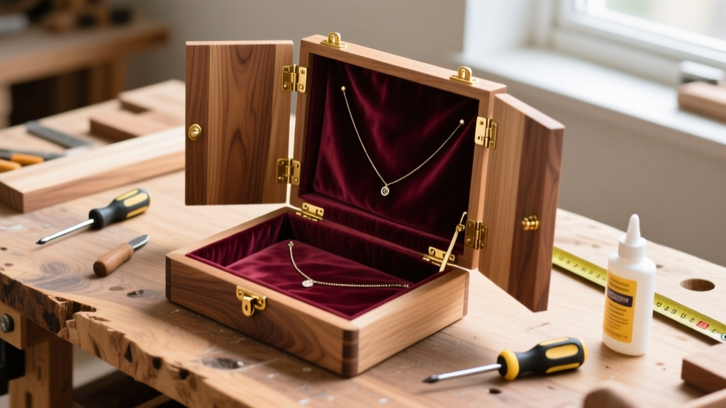 Overhead view of a half-finished wooden jewelry organizer DIY project on a workbench with raw oak, brass hinges, and velvet lining