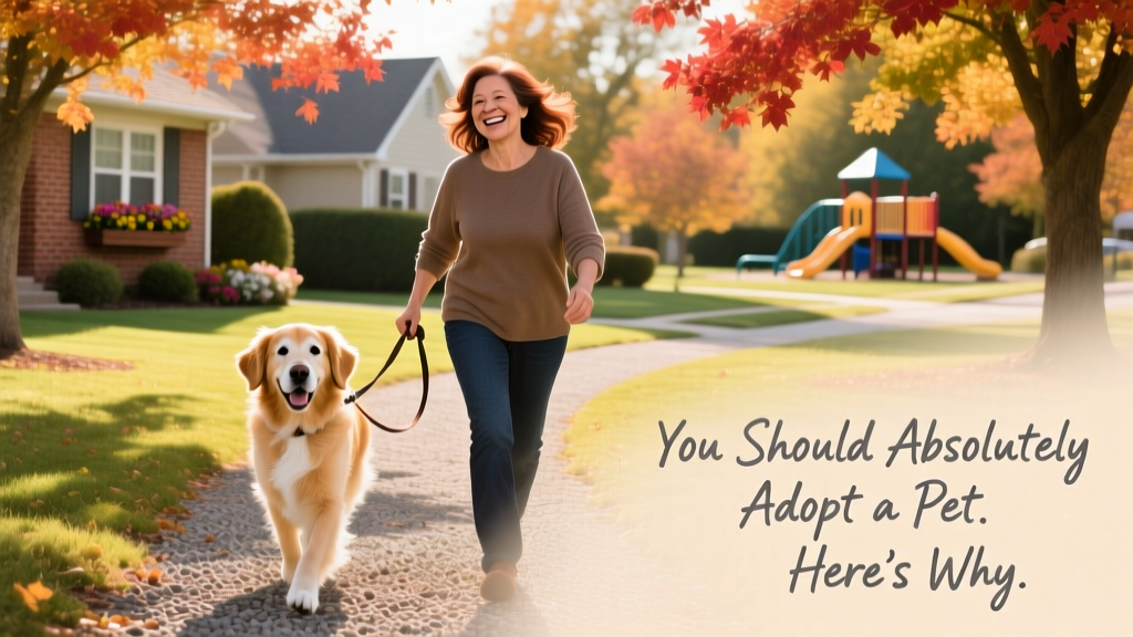 A joyful person walking their dog through a sunlit neighborhood park