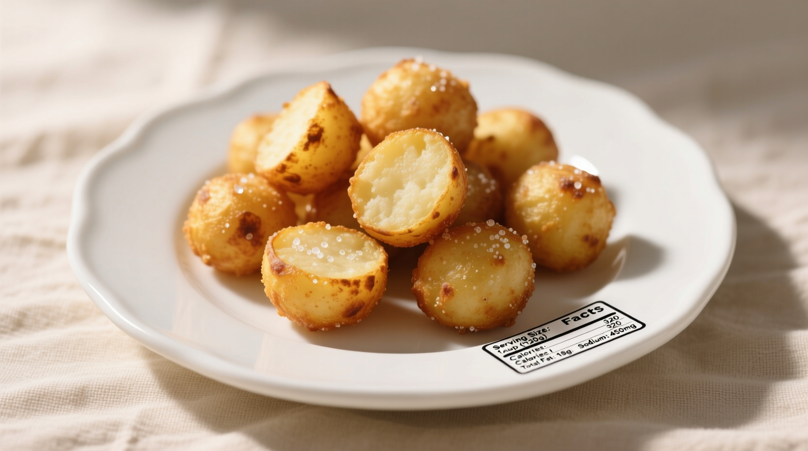 Golden brown potato tots on white plate with nutrition facts