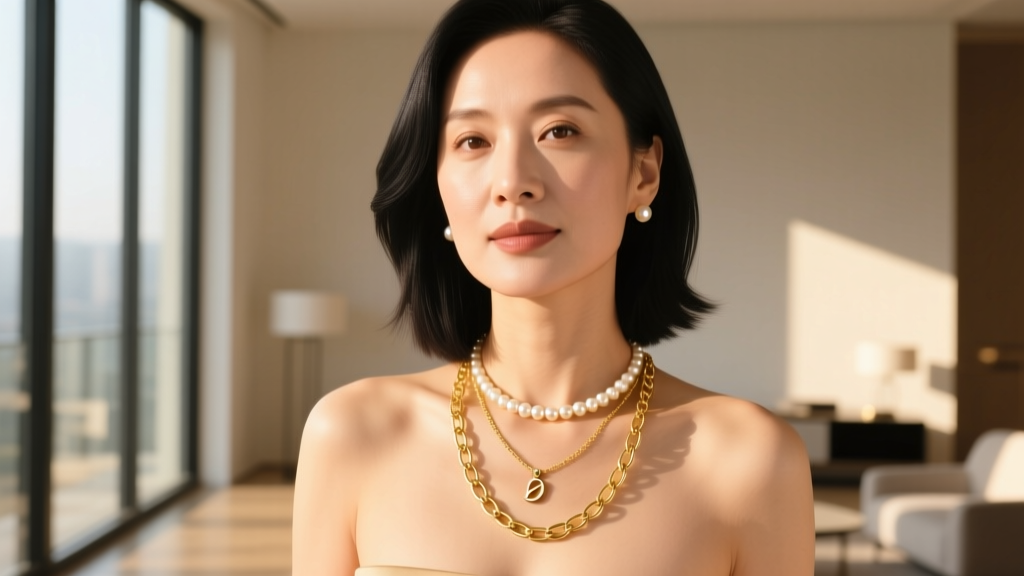 Woman wearing a layered stack with an enewton initial pendant, a pearl choker, and a 20-inch gold rolo chain in warm sunlight.