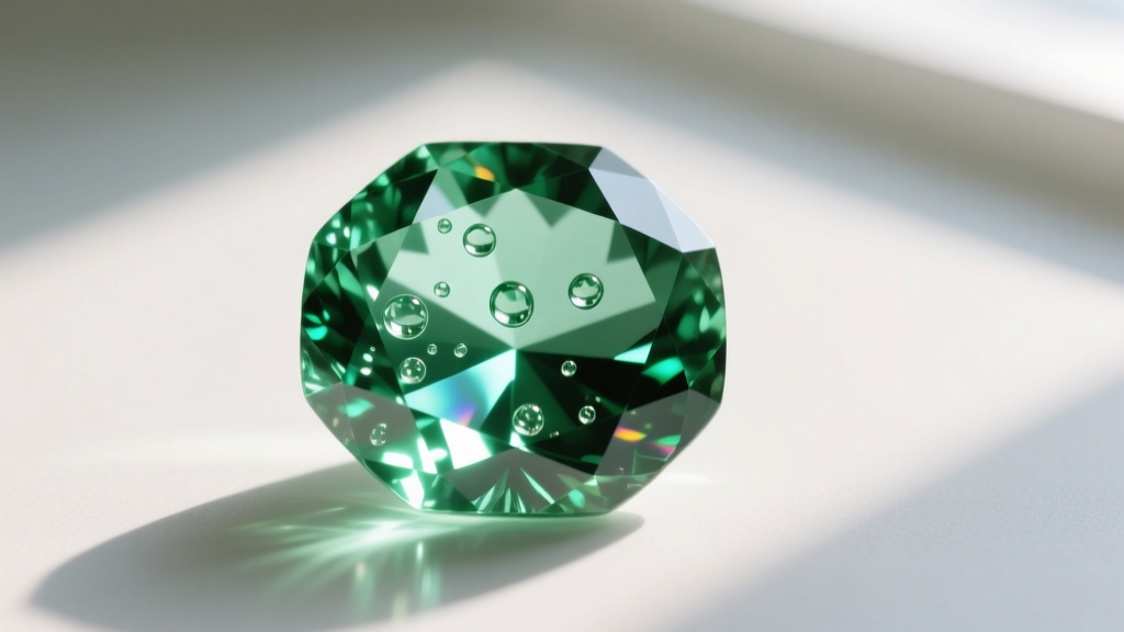 Macro shot of vibrant chrome green tourmaline showing natural liquid inclusions under a jeweler's loupe with bright lighting.