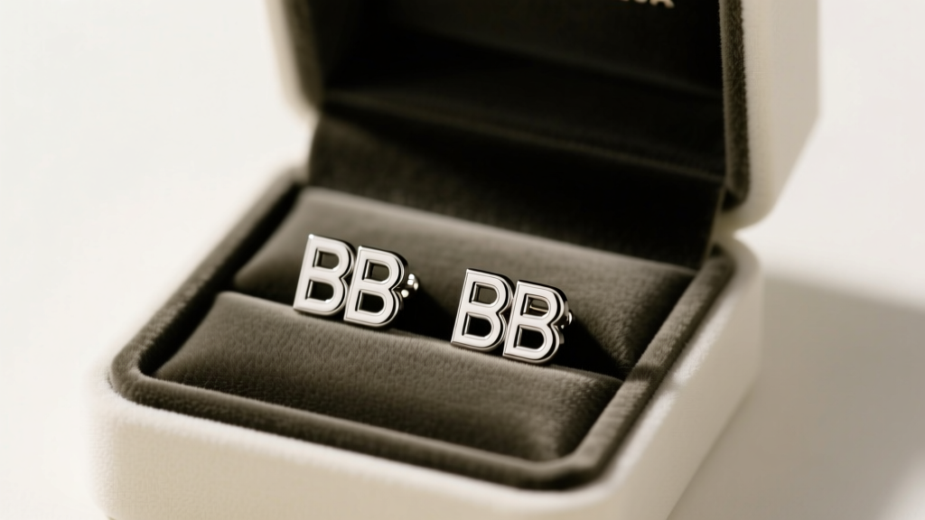 Velvet box revealing silver-tone Balenciaga BB logo stud earrings, soft studio lighting highlighting the engraved metallic texture