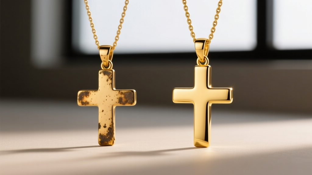 Comparison of a slightly tarnished 10k gold cross pendant and a pristine 18k gold cross, highlighting alloy oxidation differences.