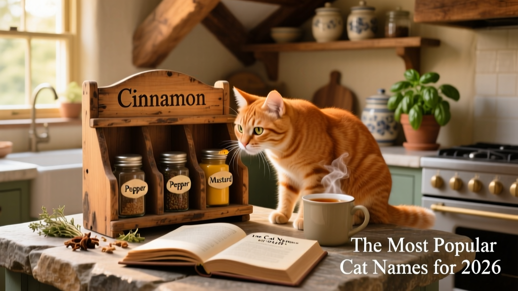 A cozy kitchen scene with a curious orange cat sniffing a wooden spice rack labeled 'Cinnamon', 'Pepper', and 'Mustard'