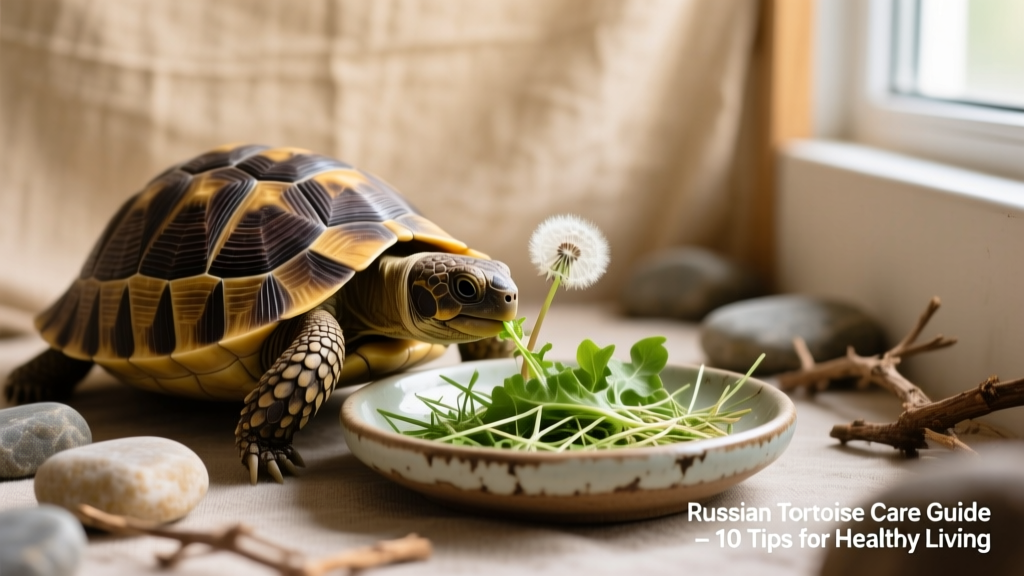 A close-up of a Russian tortoise eating dandelion greens and timothy hay from a shallow ceramic dish inside a clean, naturalistic indoor enclosure