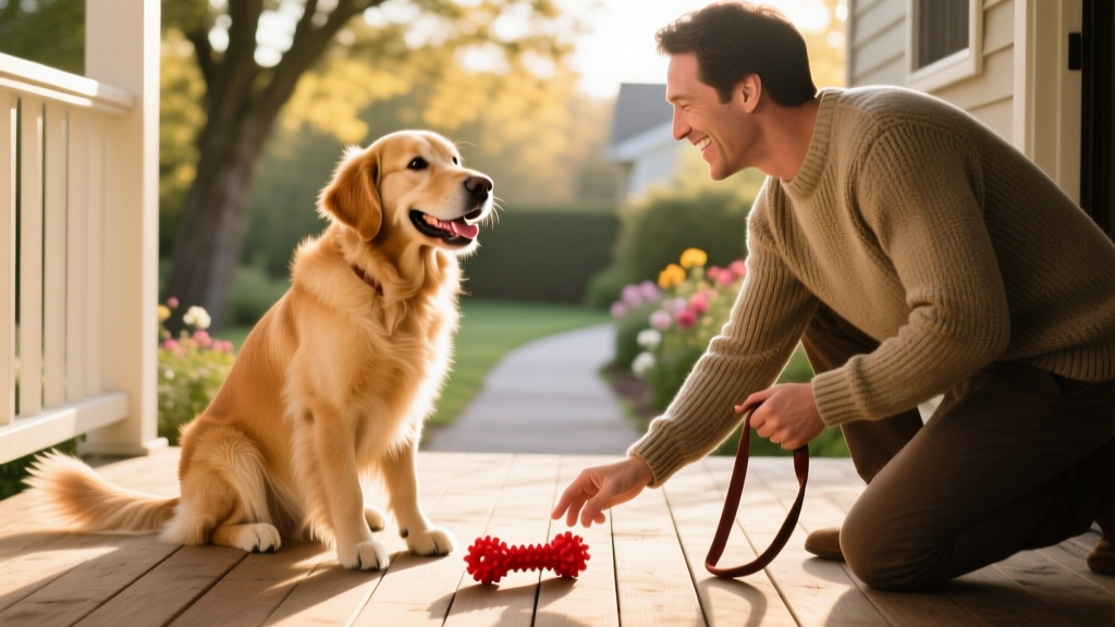 Happy dog sitting beside their owner, tail wagging, with a toy resting on the floor between them