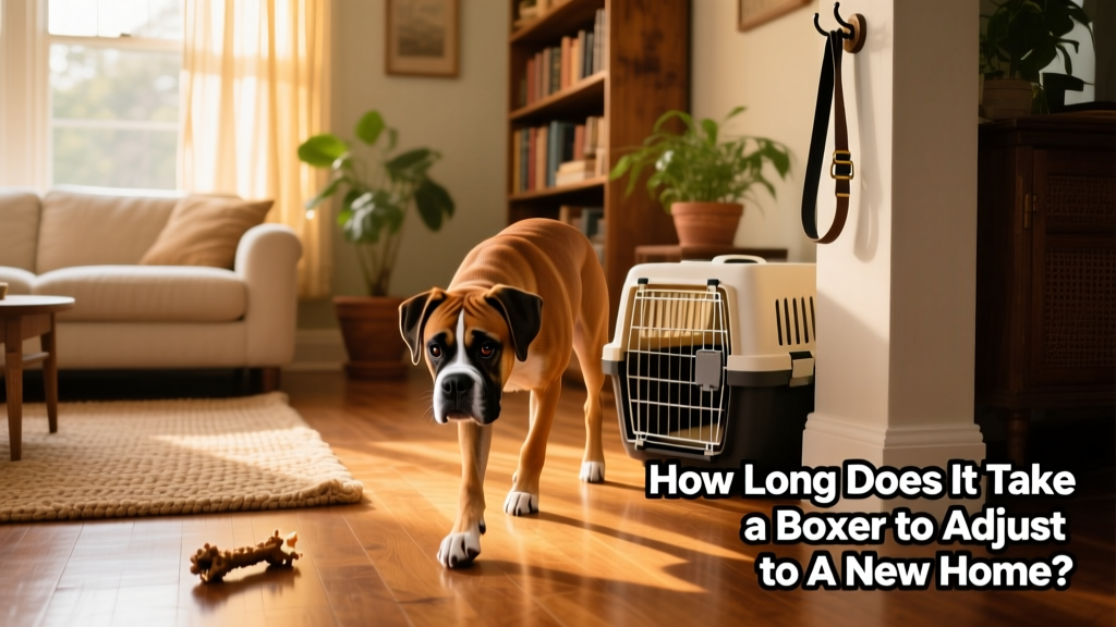 A gentle, curious Boxer sniffing around a cozy living room with soft lighting and a crate nearby
