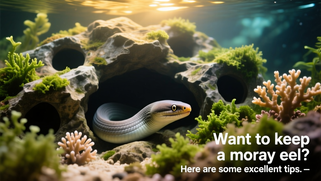 Aquarium with live rock aquascape featuring multiple secure hiding caves and a visible moray eel resting inside one