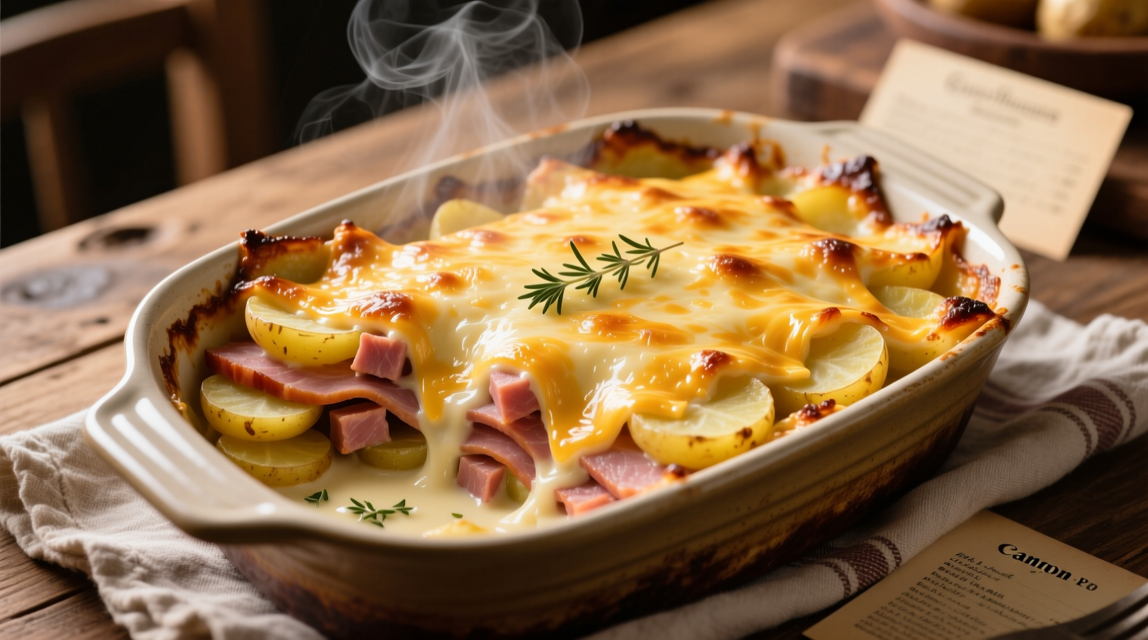Golden baked ham and potato casserole with melted cheese topping