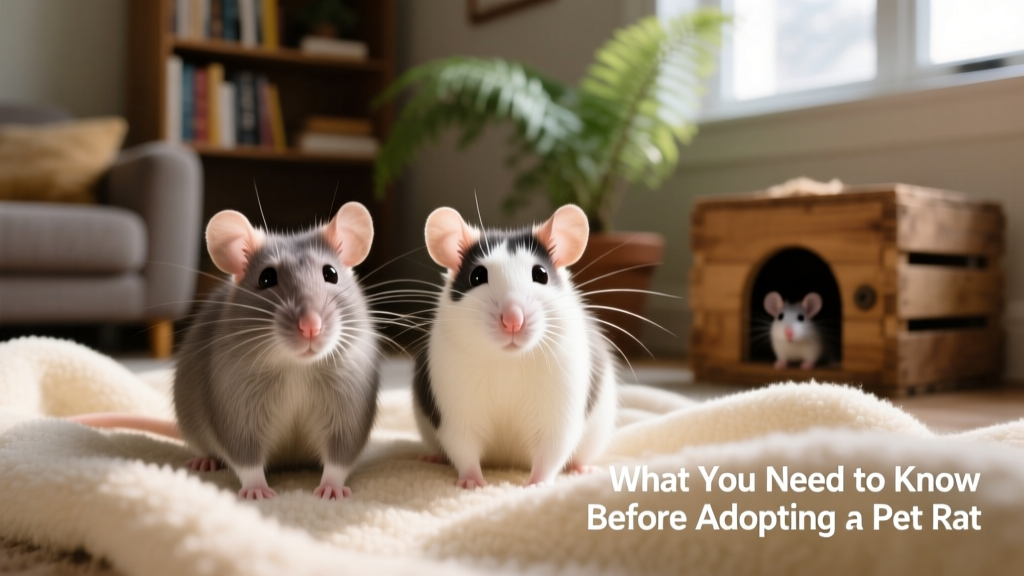 Two friendly pet rats sitting side by side on a soft blanket, gazing at the camera