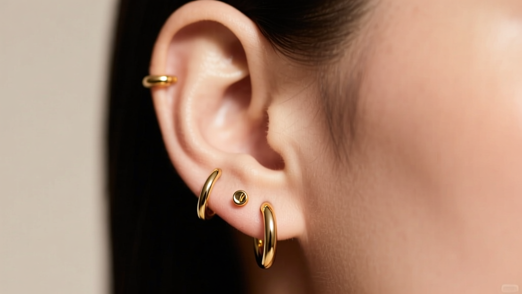 Close-up of a curated ear wearing a gold hoop set, with an 18-gauge clicker huggie and a 16-gauge upper lobe hoop.