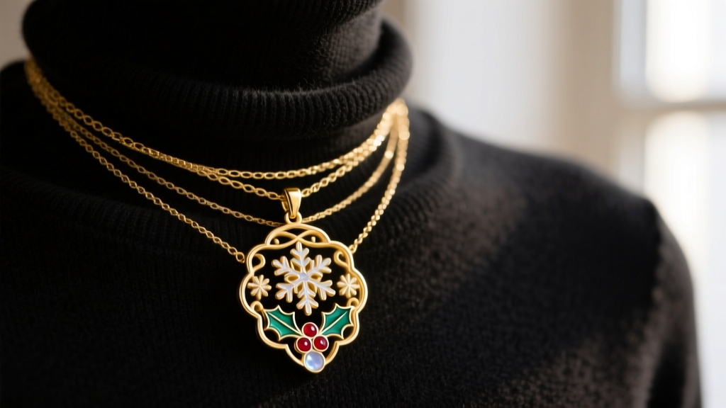 Macro shot of an enamel holiday pendant layered with delicate gold chains over a black cashmere turtleneck in soft, warm lighting.