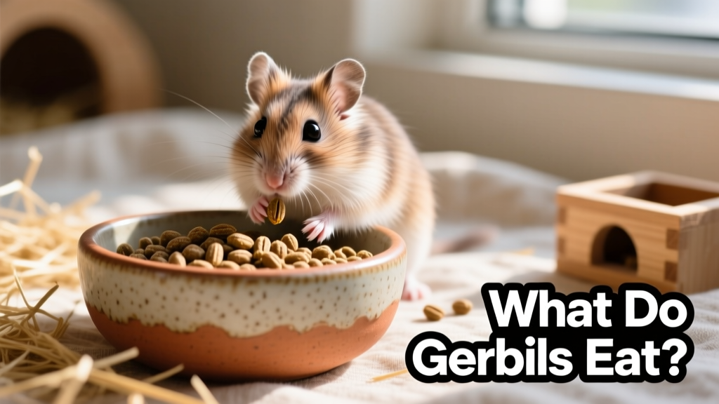 Close-up of FurPetVo premium gerbil pellets in a ceramic bowl, with a gerbil nearby