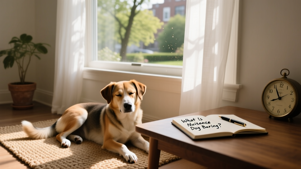 A calm dog resting quietly indoors beside a window