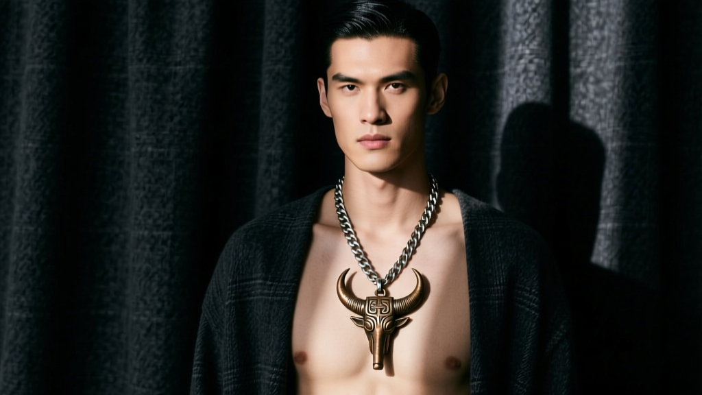 Male model wearing an oxidized silver rolo chain with a bronze horned amulet against dark flannel, moody cinematic lighting.