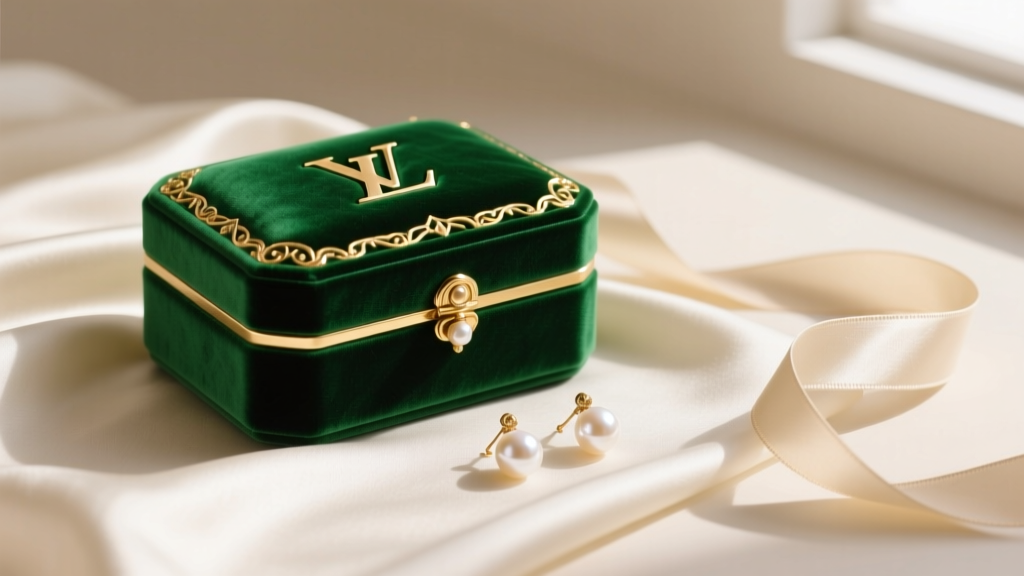 Emerald green velvet purse jewelry box with gold foil monogram, resting on silk fabric with pearl earrings and a ribbon nearby