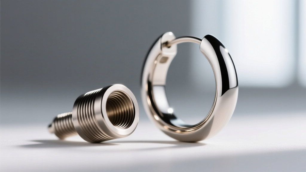 Macro shot of an internally threaded titanium earring post beside a polished niobium hoop, highlighting smooth metal threads.