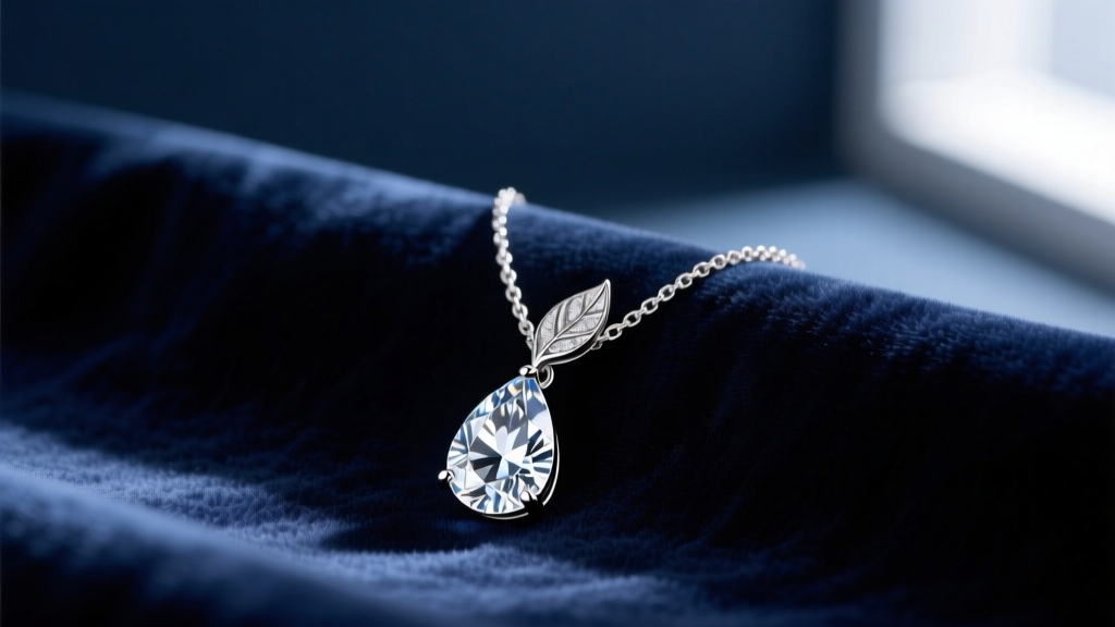 Close-up of a 925 sterling silver leafael necklace with a pear-cut cubic zirconia pendant resting on dark navy velvet fabric.