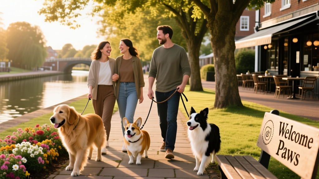 A group enjoying a relaxed, dog-inclusive activity in Basingstoke—such as a canal-side stroll or outdoor shopping with pets