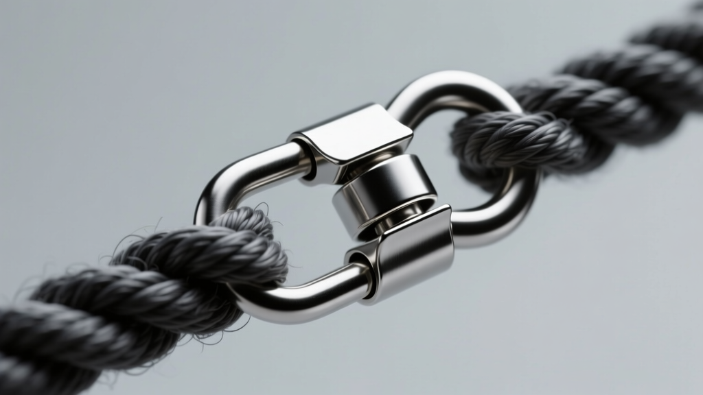 Detail view of a steel fold-over crimp securing thick ladder yarn to a silver lobster clasp, lit by soft directional studio light.