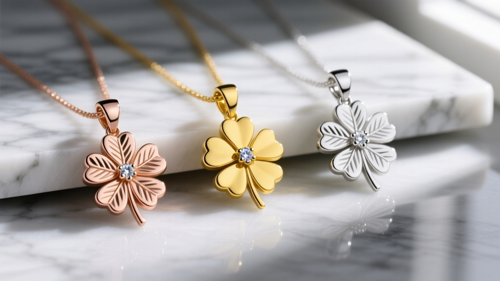 Three 18k rose gold, yellow gold, and white gold clover pendants laid side by side on a marble surface to compare metal alloys