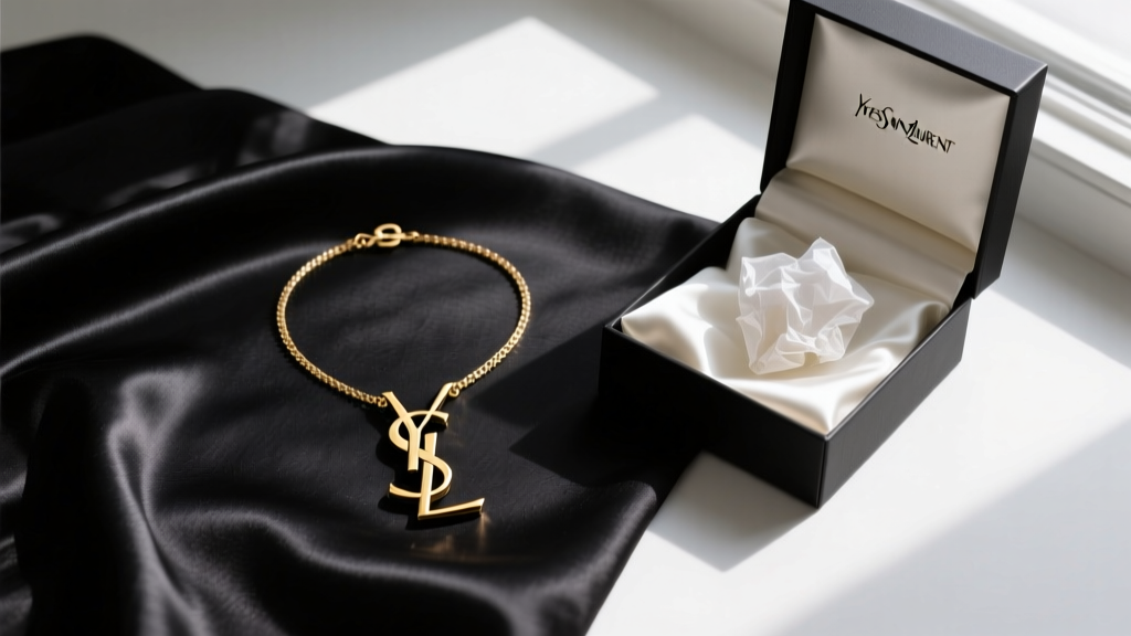 Elegant flat lay of a gold-tone Yves Saint Laurent interlocking logo necklace on black silk fabric next to an open luxury gift box