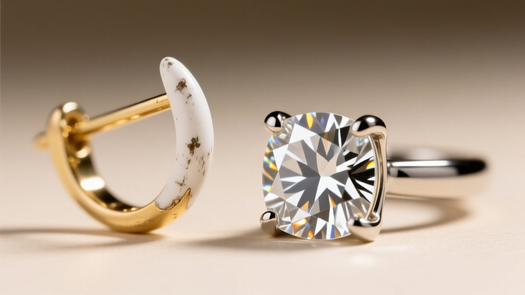 Macro shot comparing a worn white gold earring prong next to a thick platinum prong securing a large cushion-cut diamond gemstone.