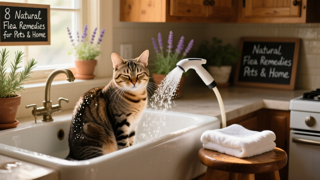 A calm cat being gently bathed in a sink with a handheld sprayer, towel nearby