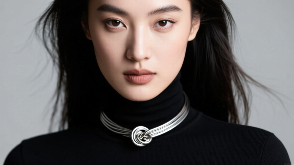 Model wearing a 16-inch 2mm titanium wire-wrapped noose pendant over a black turtleneck, highlighting an adjustable sliding knot.