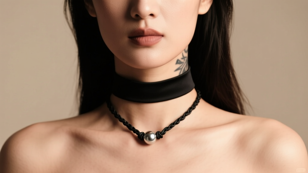 Woman wearing a black nylon tattoo choker and a waxed cotton slipknot necklace with a silver bead under soft warm studio lighting.