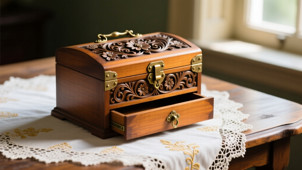 Side profile of a Victorian wooden jewelry chest with brass hinges and a hidden drawer resting on an antique lace tablecloth.