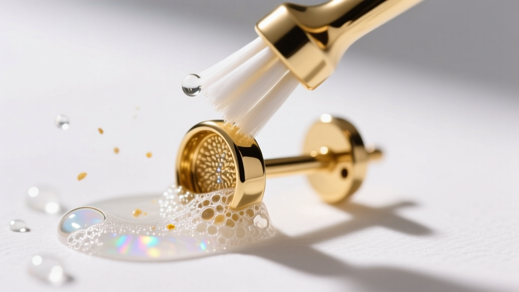 Macro shot of a 14k gold earring post with buildup being brushed with a soft toothbrush and mild soapy earring cleaner solution