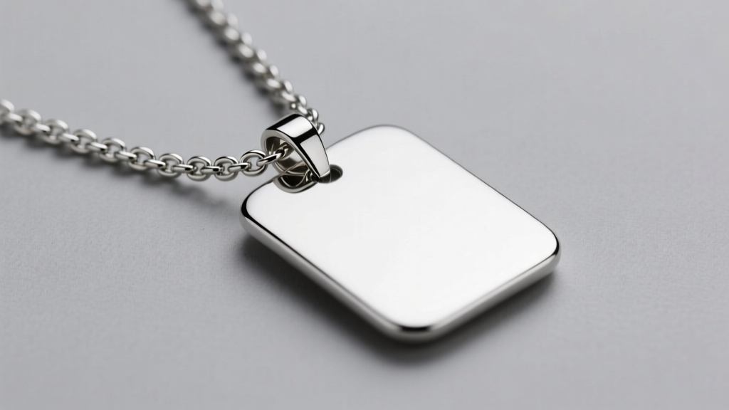 Sterling silver rolo chain attached to a hidden bail on a polished rectangular plate pendant under bright, even studio lighting.