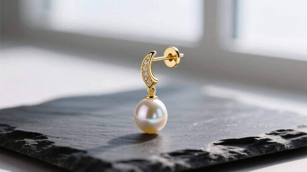 Macro shot of an 18k gold earring with a detachable pearl drop on dark slate, soft lighting highlighting the metal.
